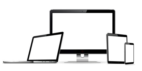 Set of blank screens with computer monitor, laptop, tablet, and smartphone