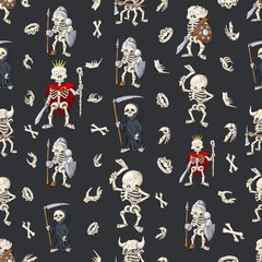 Halloween seamless pattern, background with cartoon hand drawn skeletons
