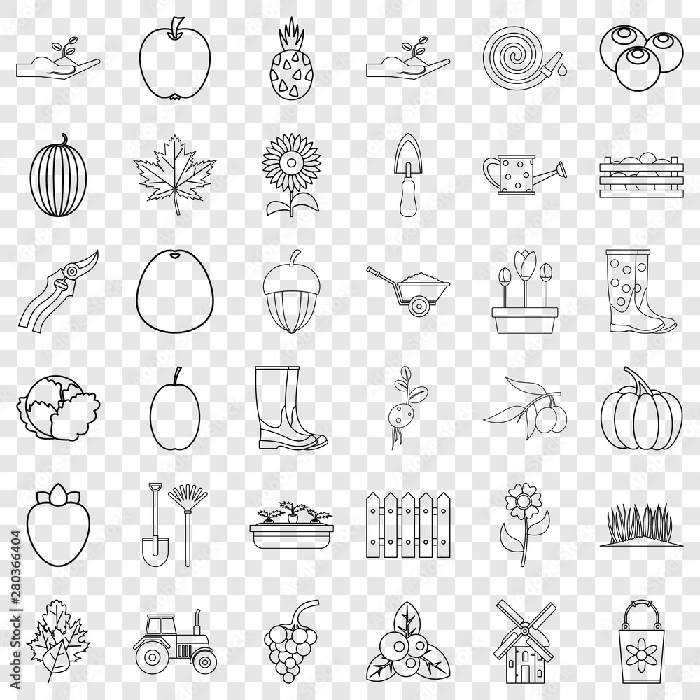 Poster cultivated icons set. outline style of 36 cultivated vector icons for web for any design