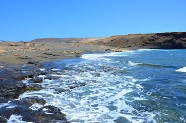 Empty Black Sand and Rocky Beach in Fuerteventura, Canary Islands