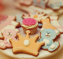 Sugar gingerbread cookies on white background , crown shaped