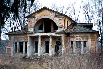 old abandoned brick  two-storey  house. Destroyed manor Lyakhovo. Russia, Moscow region.