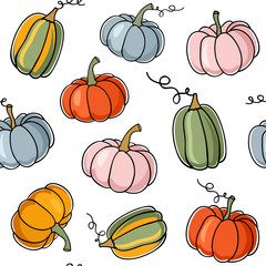 Seamless vector pattern with colorful pumpkins.