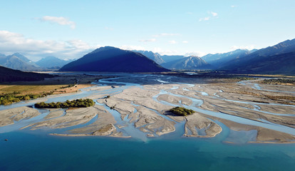 Aerial View Dart River estuary near Glenorchy, New Zealand