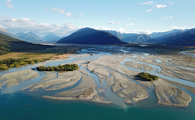 Aerial View Dart River estuary near Glenorchy, New Zealand