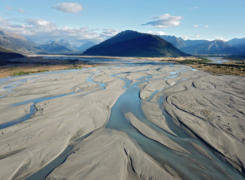 Aerial View Dart River Estuary Near Glenorchy, New Zealand