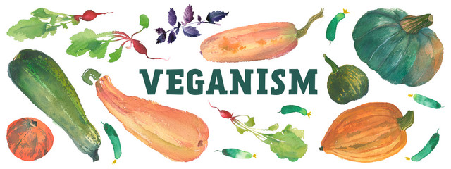 Banner Healthy food with beautiful watercolor illustrations of vegetables for vegan restaurant and Veganism blog. Panoramic ad Vegan day banner design with autumn harvest of squash, pumpkin, spices.