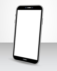 Realistic smartphone with blank screen isolated on glossy table in perspective view . Smart phone mock up design for banner, poster, advertising, promotion, mobile app, digital marketing