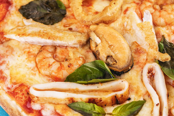 European cuisine, Italian cuisine, Mediterranean dish. Sea Pizza from assorted fish, Colmar rings, greens and tomato sauce
