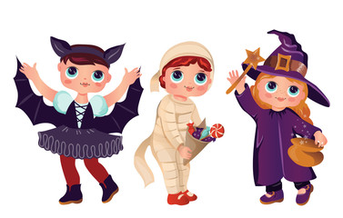 Cute girls with doll's face in Halloween witch,vampire and mummy costumes flat vector illustration isolated on white background. Halloween holidays poster or card.
