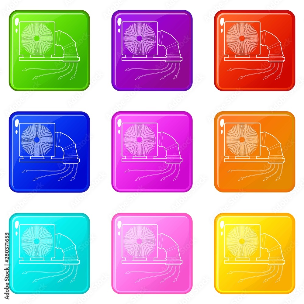 Poster system fan and pipe icons set 9 color collection isolated on white for any design