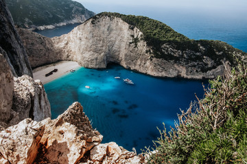 Beautiful view from the rock at navagio beach.