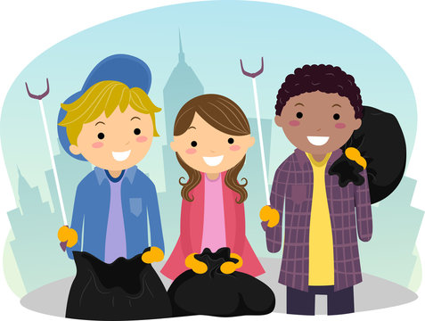 kids cleaning up trash in city clip art preview