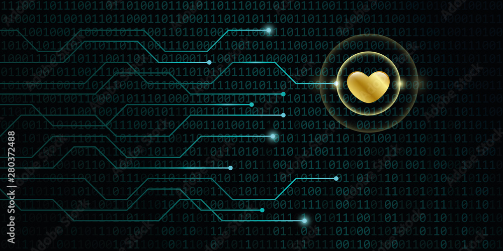 Poster digital golden heart on binary code background online dating concept vector illustration eps10