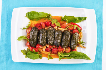 Uzbek cuisine, oriental cuisine. Dolma - Leaves of grapes, boiled rolls with meat, beef and rice. Served with vegetables - tomatoes, peppers, cucumbers and onions