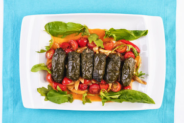 Uzbek cuisine, oriental cuisine. Dolma - Leaves of grapes, boiled rolls with meat, beef and rice. Served with vegetables - tomatoes, peppers, cucumbers and onions