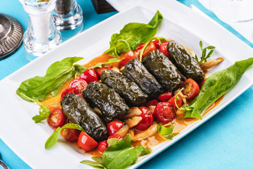 Uzbek cuisine, oriental cuisine. Dolma - Leaves of grapes, boiled rolls with meat, beef and rice. Served with vegetables - tomatoes, peppers, cucumbers and onions