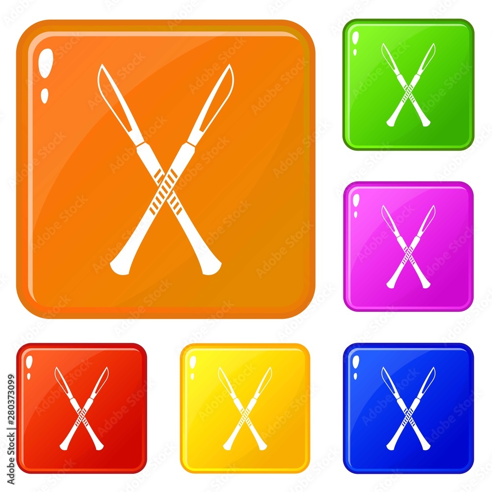 Poster surgeon scalpels icons set collection vector 6 color isolated on white background
