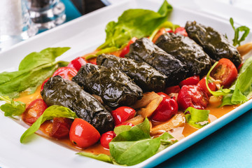 Uzbek cuisine, oriental cuisine. Dolma - Leaves of grapes, boiled rolls with meat, beef and rice. Served with vegetables - tomatoes, peppers, cucumbers and onions