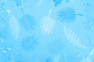 Fototapeta na wymiar top view of paper tropical leaves on blue minimalistic background