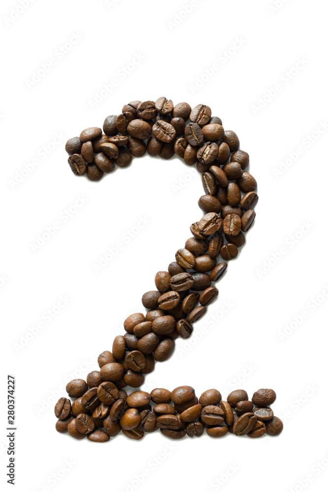 Wall mural a digit 2 laid out of roasted fragrant coffee beans on a white background