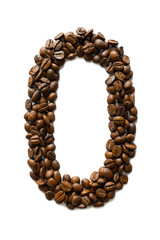 A digit 0 laid out of roasted fragrant coffee beans on a white background