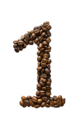 A digit 1 laid out of roasted fragrant coffee beans on a white background
