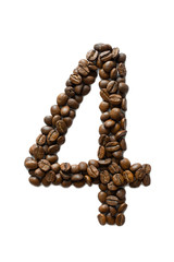 A digit 4 laid out of roasted fragrant coffee beans on a white background