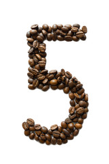 A digit 5 laid out of roasted fragrant coffee beans on a white background