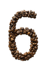 A digit 6 laid out of roasted fragrant coffee beans on a white background