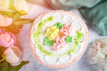 Different types of tasty cakes on wooden table, closeup