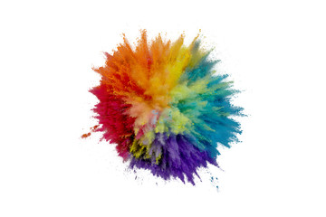 Colored powder explosion on white background. Abstract closeup dust on backdrop. Colorful explode....