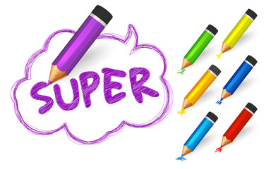 Speech bubble paint with pencils. Hand drawn banner with doodles, set of colorful crayons and written short message Super. Sketch cloud and quote, lines stroke and scribble
