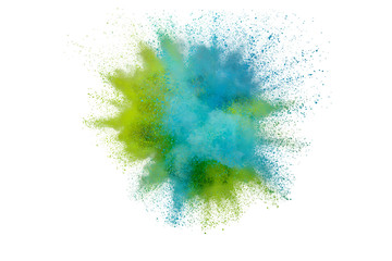 Colored powder explosion on white background. Abstract closeup dust on backdrop. Colorful explode....