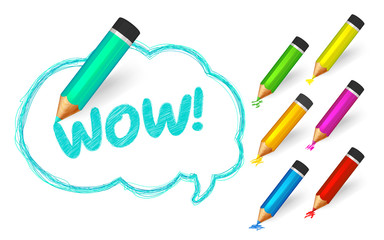 Speech bubble paint with pencils. Hand drawn banner with doodles, set of colorful crayons and written short message Super. Sketch cloud and quote, lines stroke and scribble