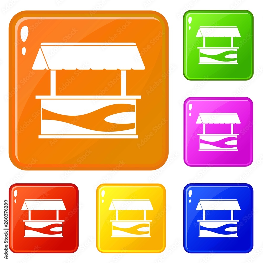 Poster market stall with awning icons set collection vector 6 color isolated on white background