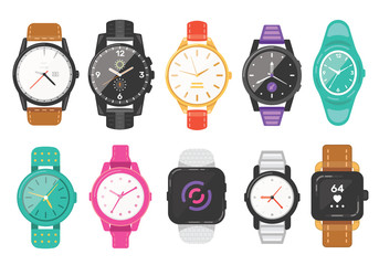 Fototapeta Classic men's and women's watches set of vector icons. Watch for businessman, smartwatch and fashion clocks collection. obraz