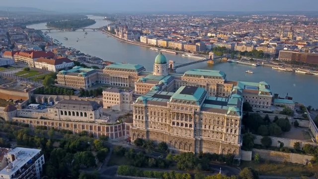 Aerial footage of the Buda Castle in Budapest, Hungary