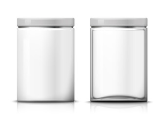 Vector 3d realistic big transparent glass and plastic jars. Mock-up for product package branding.