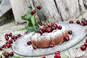 Chocolate and cherry kouglof sugar sprinkled.