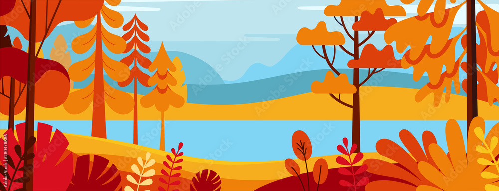 Poster Vector illustration in simple minimal flat style - autumn landscape with hills and trees - abstract horizontal banner and background with copy space for text - header images for websites, covers