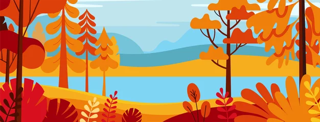 Foto op Plexiglas Vectorillustratie in eenvoudige minimale vlakke stijl - herfstlandschap met heuvels en bomen - abstracte horizontale banner en achtergrond met kopie ruimte voor tekst - koptekstafbeeldingen voor websites, covers © venimo