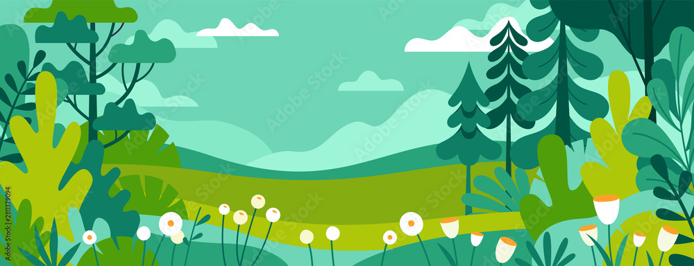 Poster Vector illustration in trendy flat simple style - spring and summer background with copy space for text - landscape with plants, leaves, flowers - background for banner, greeting card, poster and adve