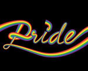 Happy pride month vector horizontal banner with typography colorful rainbow text on a black background. Graphic design for LGBT community with colorful rainbow letters
