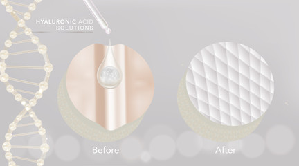Hyaluronic acid before and after skin solutions ad, white collagen serum drop with cosmetic advertising background ready to use, illustration vector.