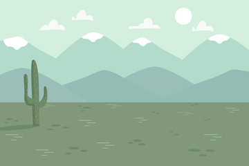 Nature landscape background with mountain, rocks, cactus and clouds. Flat cartoon vector illustration © AmadeaN