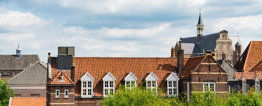 Panorama view. orange roof tiles and Sint Elizabeth Church. Fortified city Grave,  The Netherlands