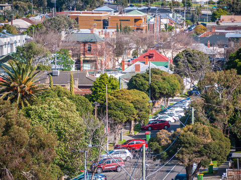 Elevated Suburban View With Houses And Family Cars Parked Along The Road. Residential Area In Melbourne's Inner Suburb. Footscray, VIC Australia.