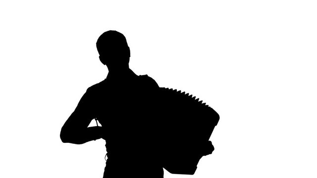 accordionist plays the accordion masterly in the studio, black silhouette on a white background,isolated,close-up