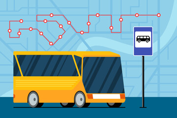 Yellow futuristic city transport bus on road near bus stop station sign on map with traffic navigation route location marker scheme. Vector flat illustration for passenger traffic service © Azat Valeev